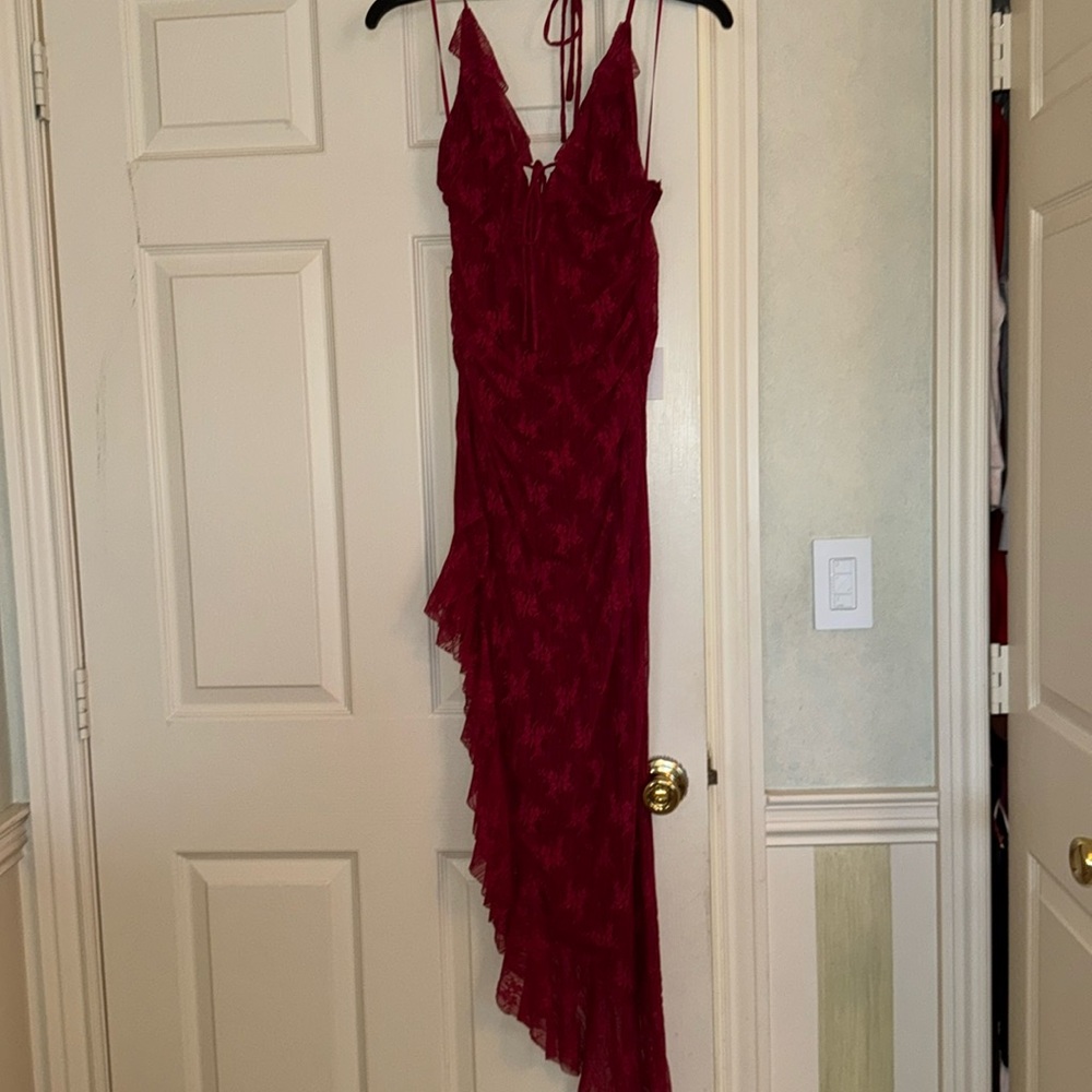 Red long lace ruffle maxi dress